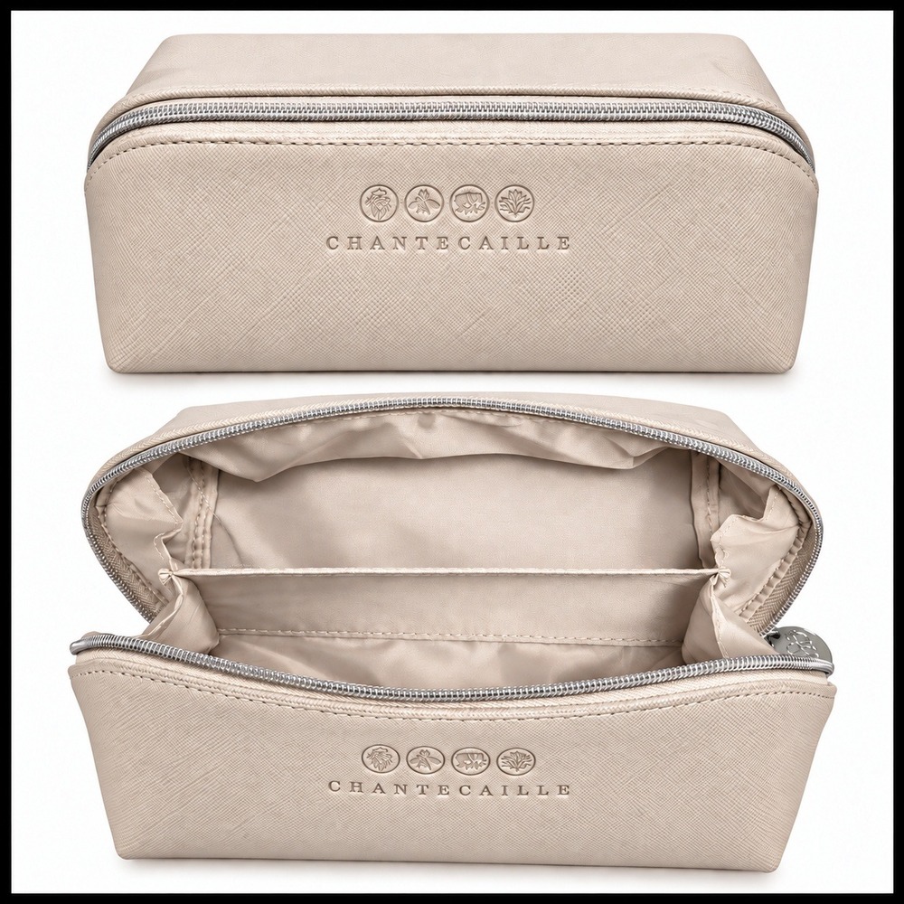 Chantecaille Makeup Bag Beige Saffiano Textured Cosmetic Case Zip Travel Pouch